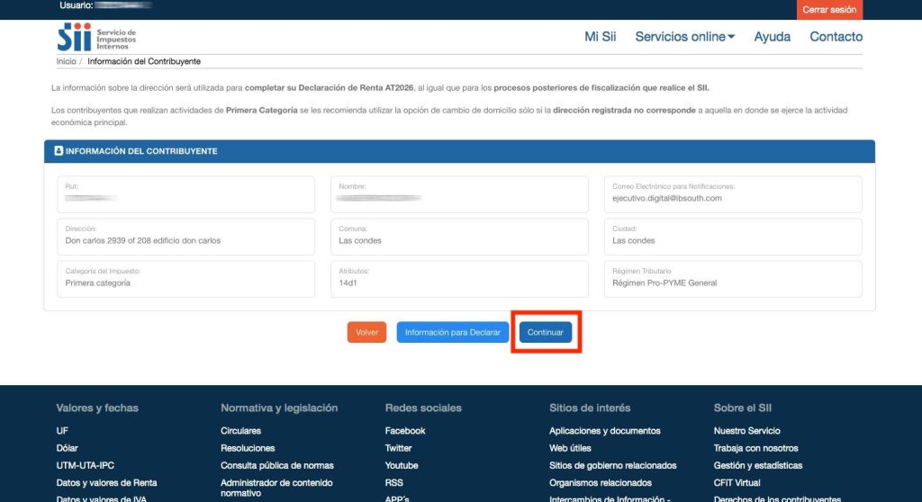 Paso 2 formulario 22 SII Chile