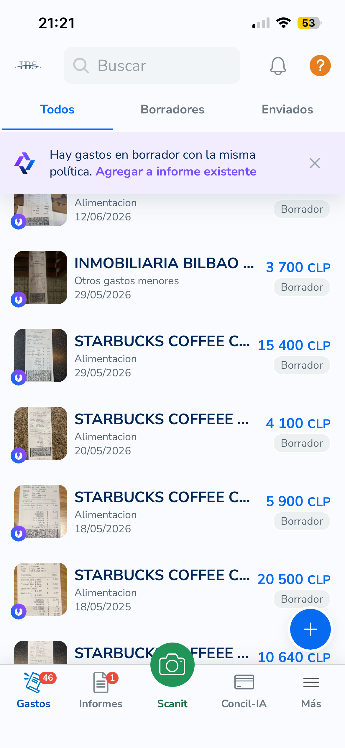 Pantalla principal con listado de gastos