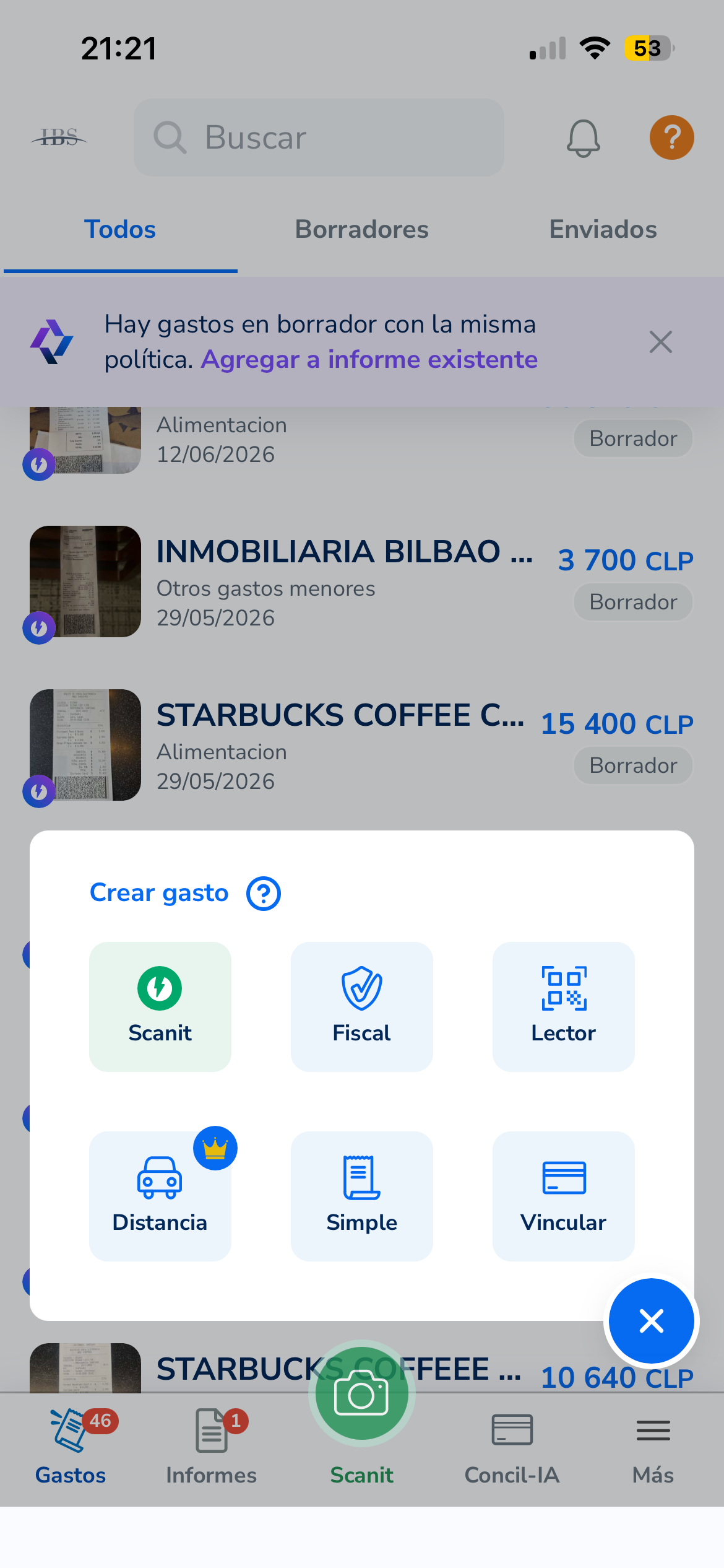 Menú Crear gasto con opción Scanit