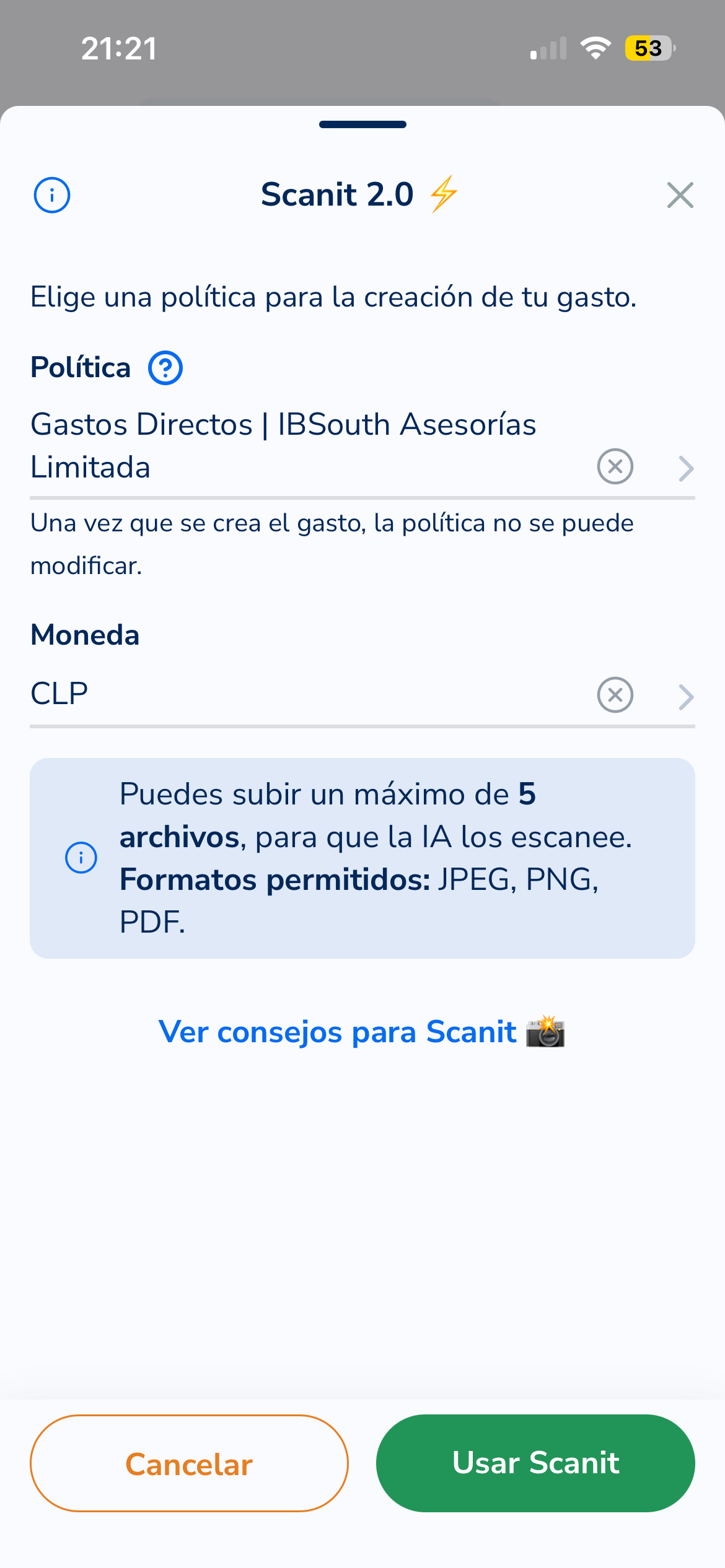 Pantalla Scanit con selección de política