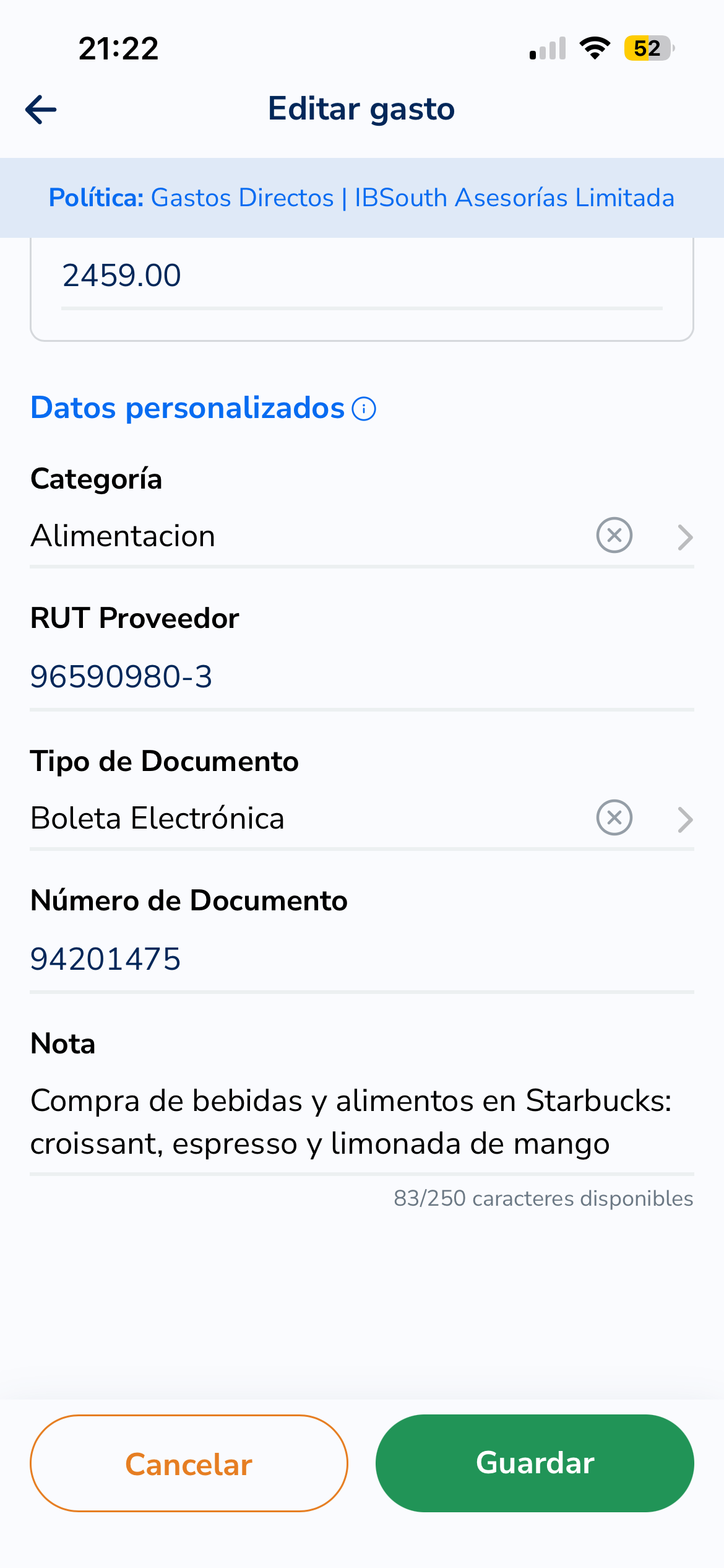 Pantalla Editar gasto con campos completados