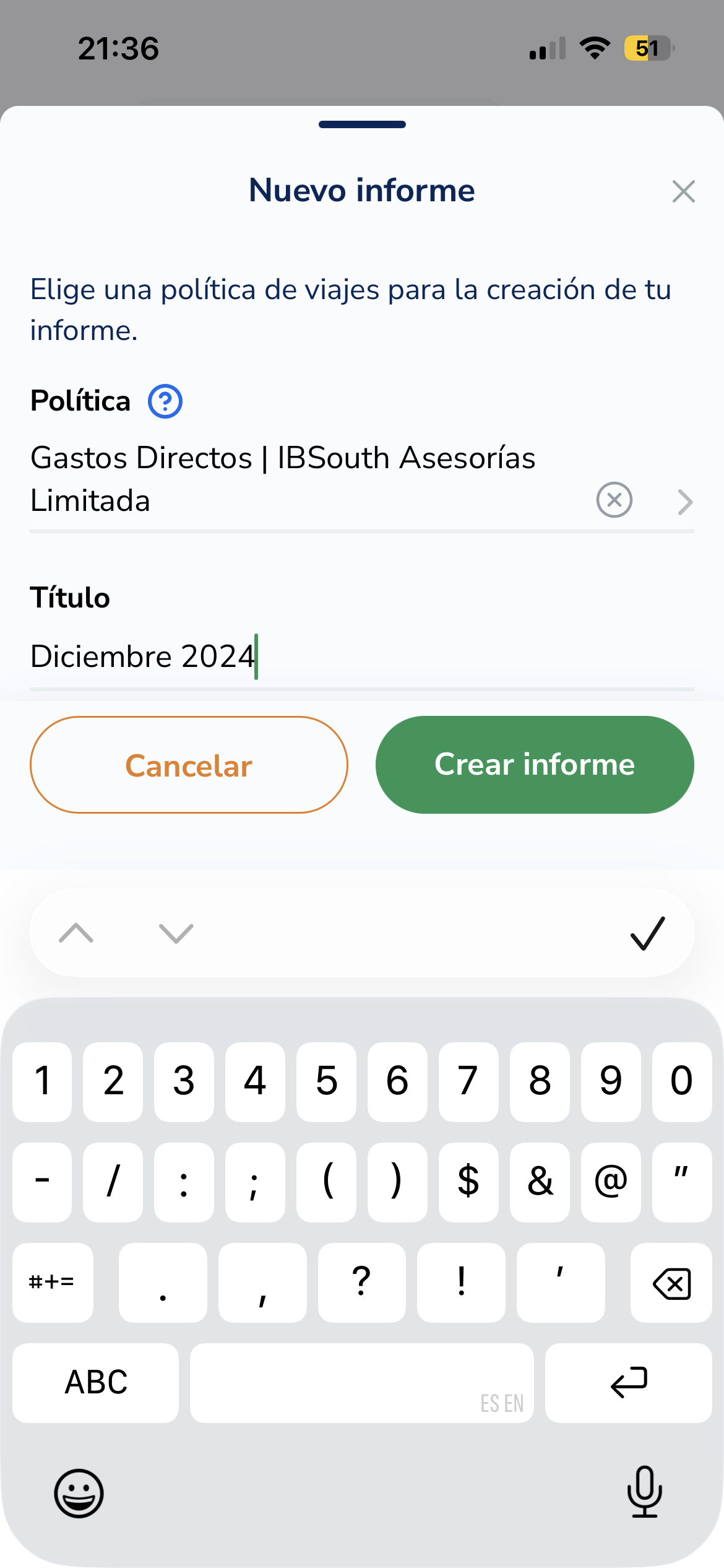 Nuevo informe con título y gastos