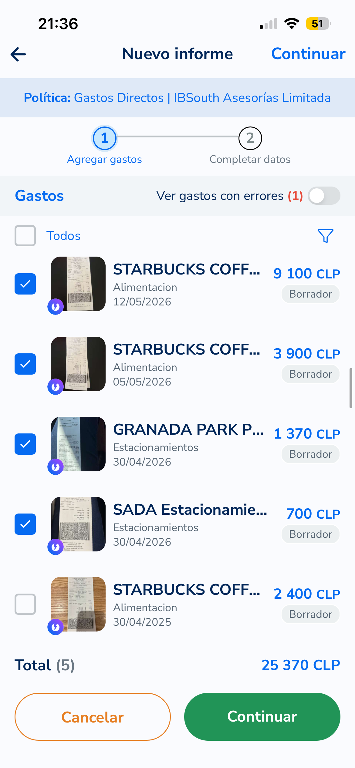 Selección de gastos para el informe
