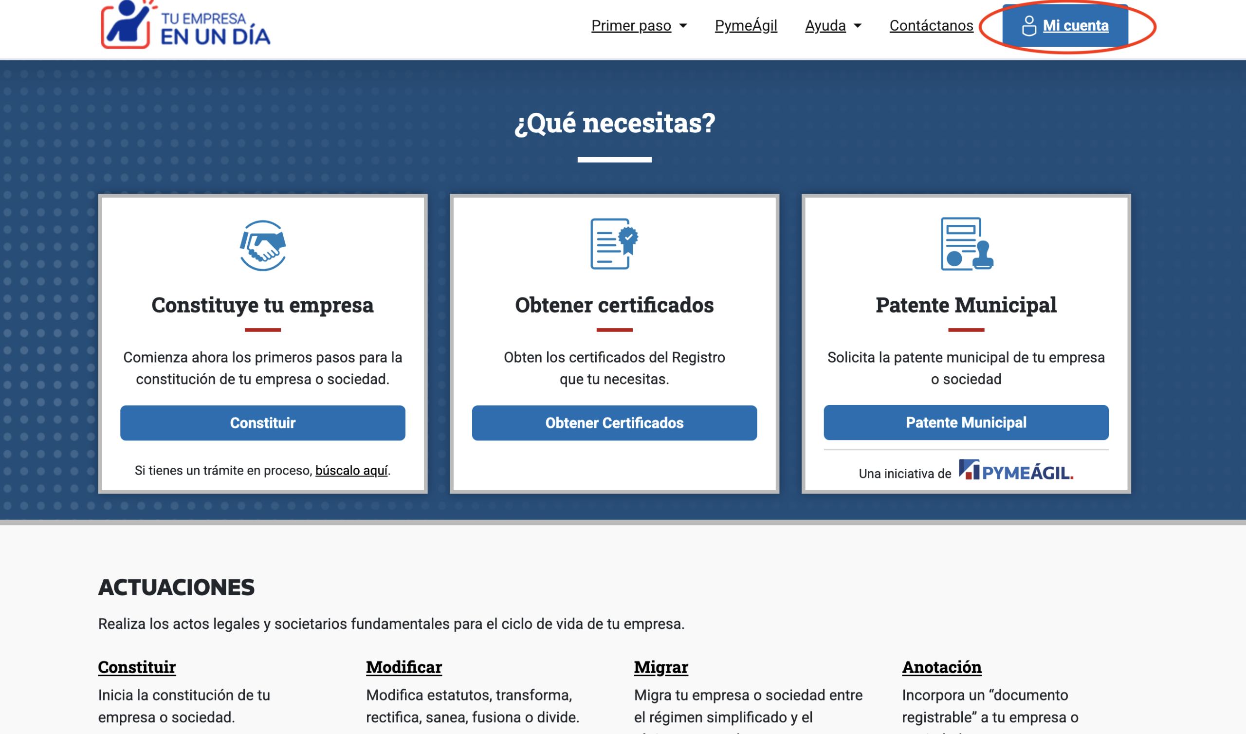 Página de inicio del Registro de Empresas y Sociedades con el botón Mi cuenta destacado