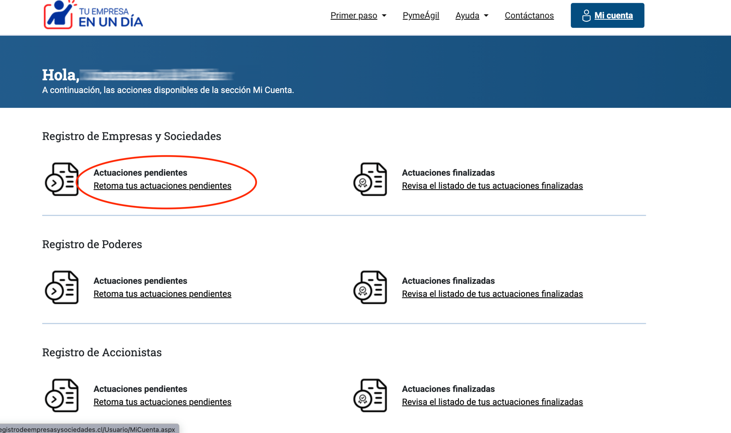 Sección Mi cuenta con el enlace Actuaciones pendientes destacado