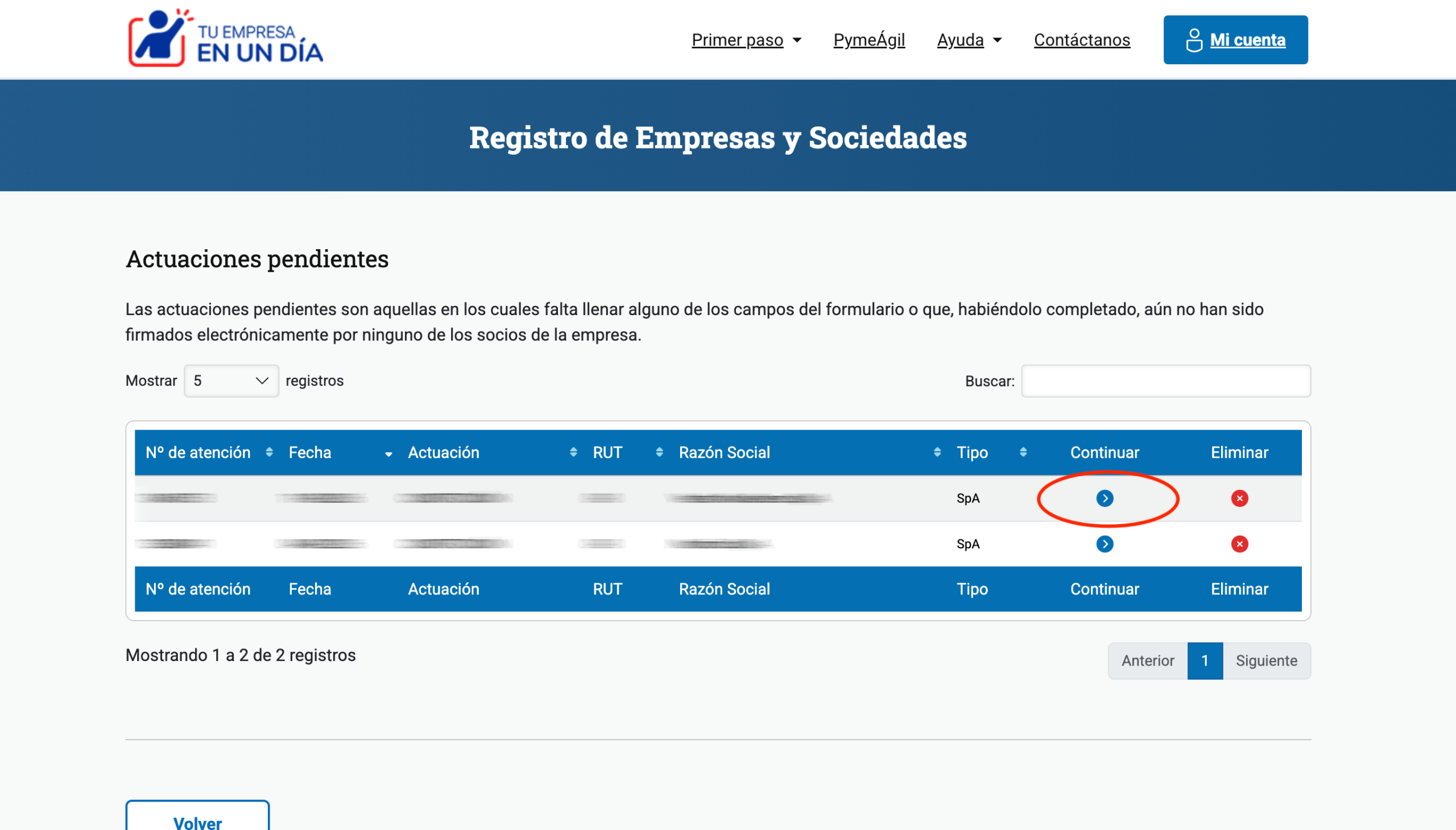 Listado de actuaciones pendientes con el botón Continuar destacado